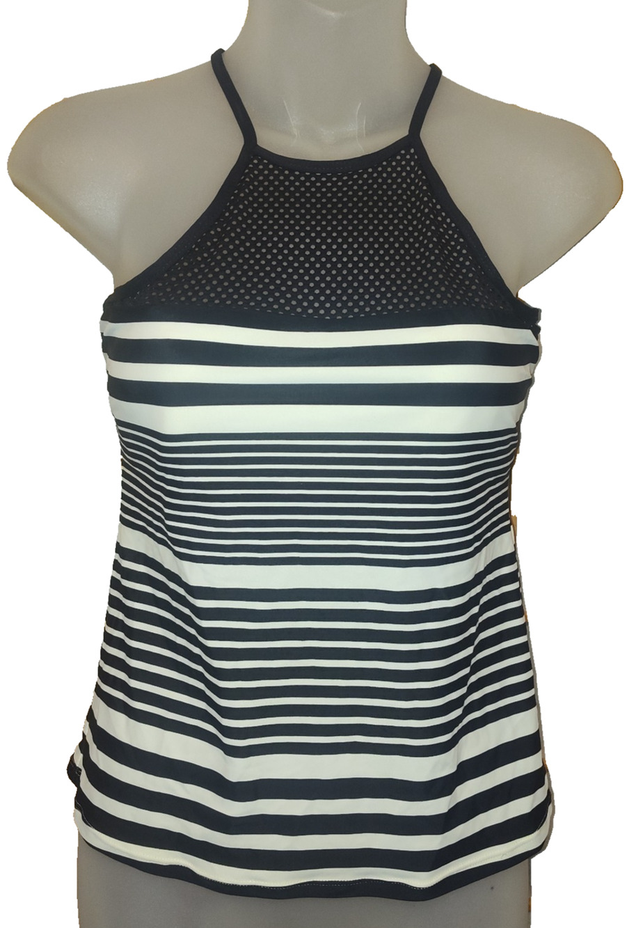 Chaps Women's Black White Halter Mesh Stripe Top Size 6 BG34
